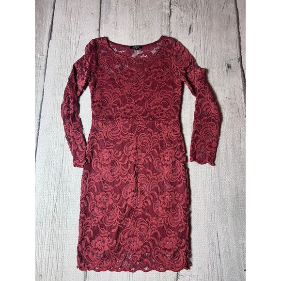Ambiance Dresses & Skirts - Ambiance Burgundy Floral Lace‎ Long Sleeve Bodycon Sheath Dress 69148 Womens M